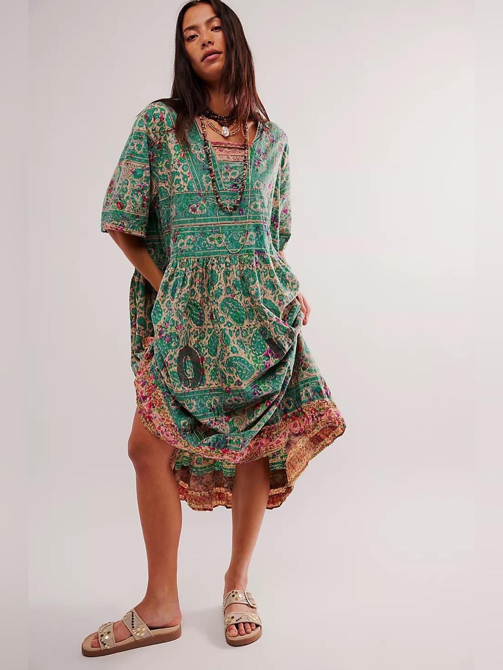 Magnolia Pearl New Blockprint Taigi Dress Demi Green Paisley European Cotton OS